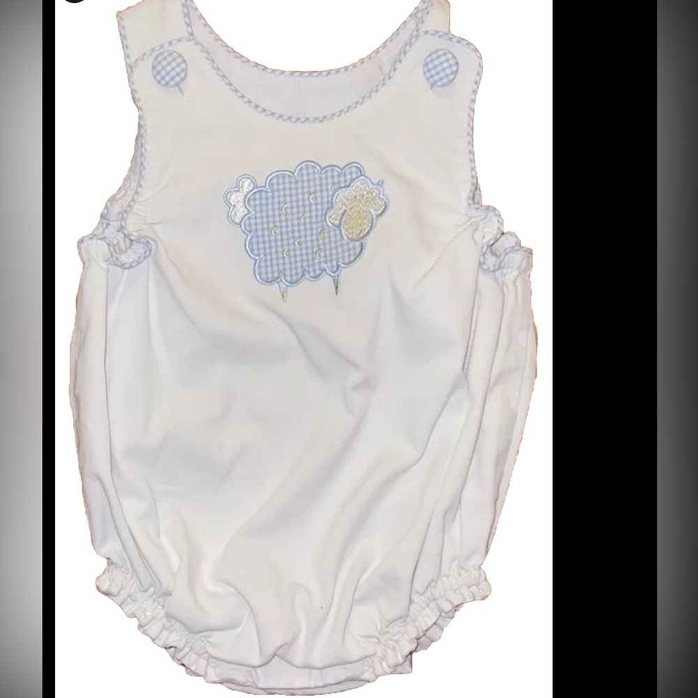 Bloom 6 months. Blue gingham trim bubble with sheep appliqué. Covered buttons 6M